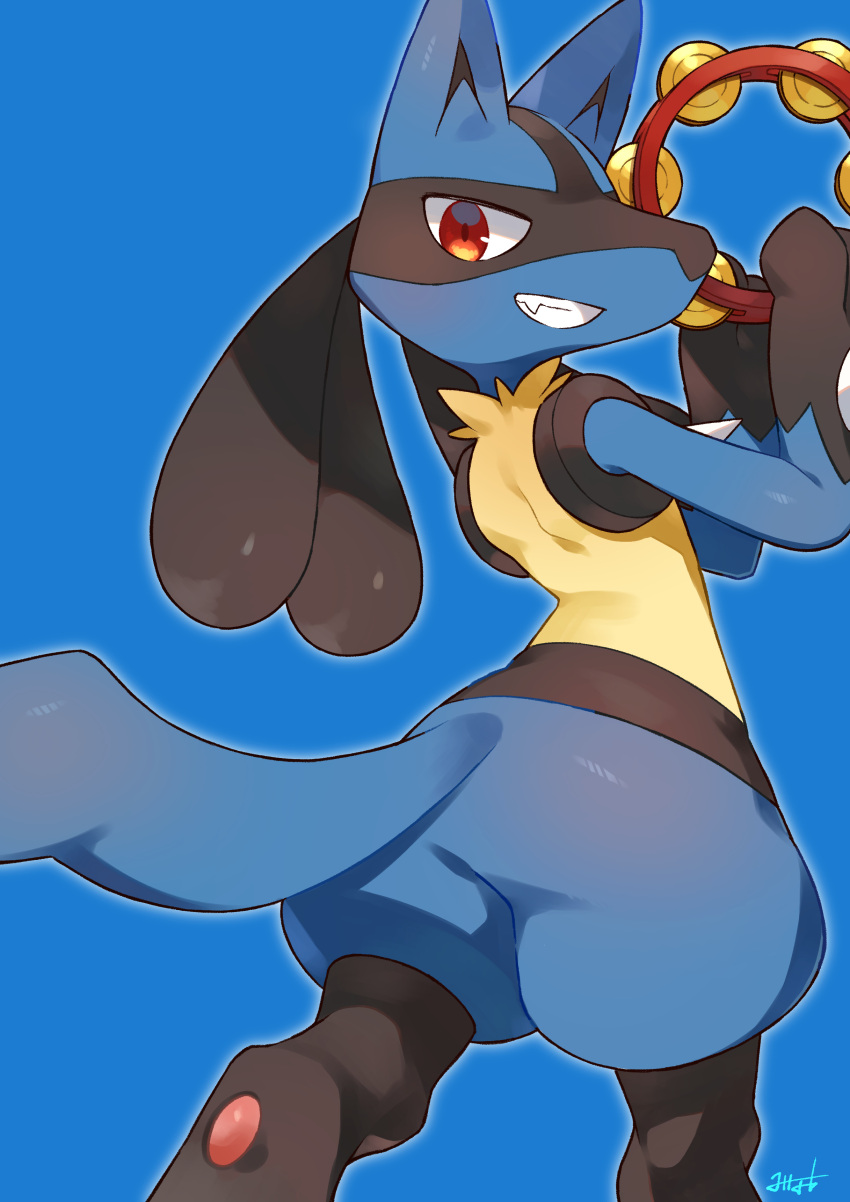 2022 absurd_res ambiguous_gender anthro black_body black_fur blue_background blue_body blue_fur butt canid canine cute_fangs cymbals fur generation_4_pokemon grin happy hi_res looking_back lucario mammal minamo_(pixiv17726065) multi_tone_fur multicolored_body multicolored_fur musical_instrument nintendo percussion_instrument pokemon pokemon_(species) rear_view red_eyes signature simple_background smile solo standing tambourine teeth thick_thighs two_tone_body two_tone_fur video_games wide_hips yellow_body yellow_fur