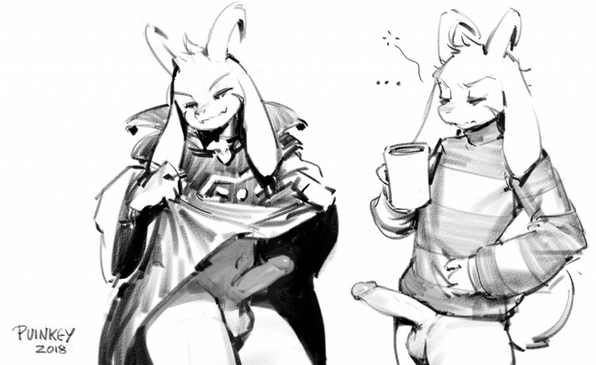 2018 anthro asriel_dreemurr balls clothed clothing clothing_lift container cup ellipsis genitals male penis puinkey_(artist) signature solo undertale undertale_(series) video_games