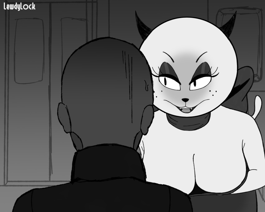 2021 anthro artist_name black_and_white black_ears black_eyebrows black_eyelashes black_nose bodily_fluids bow_(feature) breasts catober catober_2021 cleavage clothed clothing digital_media_(artwork) domestic_cat door dress duo eyebrows eyelashes fangs felid feline felis female freckles glistening glistening_eyelids hi_res human human_on_anthro imminent_sex inside interspecies leaning leaning_forward lewdylock looking_at_another male mammal mature_anthro mature_female monochrome mother_puss narrowed_eyes neck_bow nervous nervous_sweat open_mouth open_smile prick_ears smile suggestive suggestive_look sweat the_complex_adventures_of_eddie_puss tongue topwear white_body