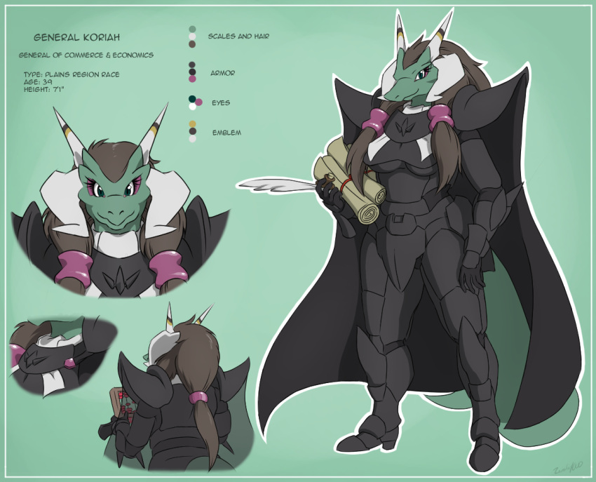 2014 anthro armor black_armor brown_hair cape clothing color_swatch colored dragon english_text feathers female green_body green_scales hair holding_object horn koriah long_hair model_sheet scales scalie scroll smile solo story story_in_description text western_dragon zerofox1000
