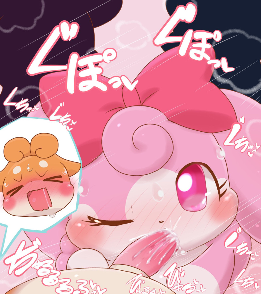 &lt;3 anthro badwingm balls blush bodily_fluids bow_accessory cocotama cum cum_in_mouth cum_inside duo eyes_closed fellatio female female_penetrated fur genital_fluids genitals hi_res himitsu_no_cocotama japanese_text luckytama male male/female male_penetrating male_penetrating_female melory one_eye_closed open_mouth oral orange_body orange_fur penetration penile penis pink_body pink_bow pink_eyes pink_fur semi-anthro sex sweat text