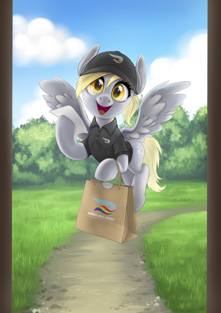 absurd_res bag blonde_hair clothing cutie_mark derpy_hooves_(mlp) digital_media_(artwork) equid equine eyelashes feathered_wings feathers female feral flying friendship_is_magic grass grey_body grey_feathers hair hasbro hat headgear headwear hi_res holding_object looking_at_viewer mammal my_little_pony pegasus plant smile solo spread_wings taytinabelle uniform wings yellow_eyes yellow_tail