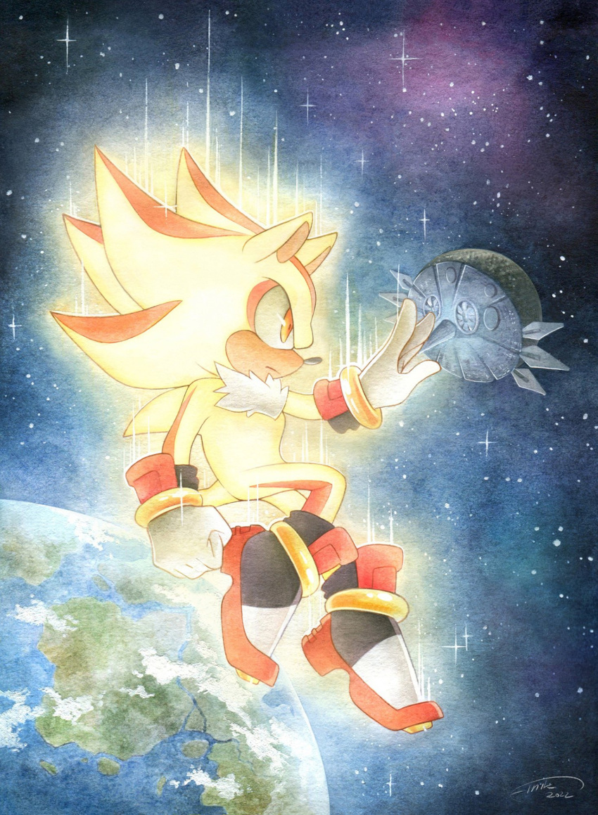 2022 anthro black_nose clothing earth eulipotyphlan finikart footwear fur gloves handwear hedgehog hi_res male mammal midair red_eyes sega shoes signature sky solo sonic_adventure sonic_the_hedgehog_(series) space space_colony_ark star starry_sky super_shadow traditional_media_(artwork) white_clothing white_gloves white_handwear yellow_body yellow_fur