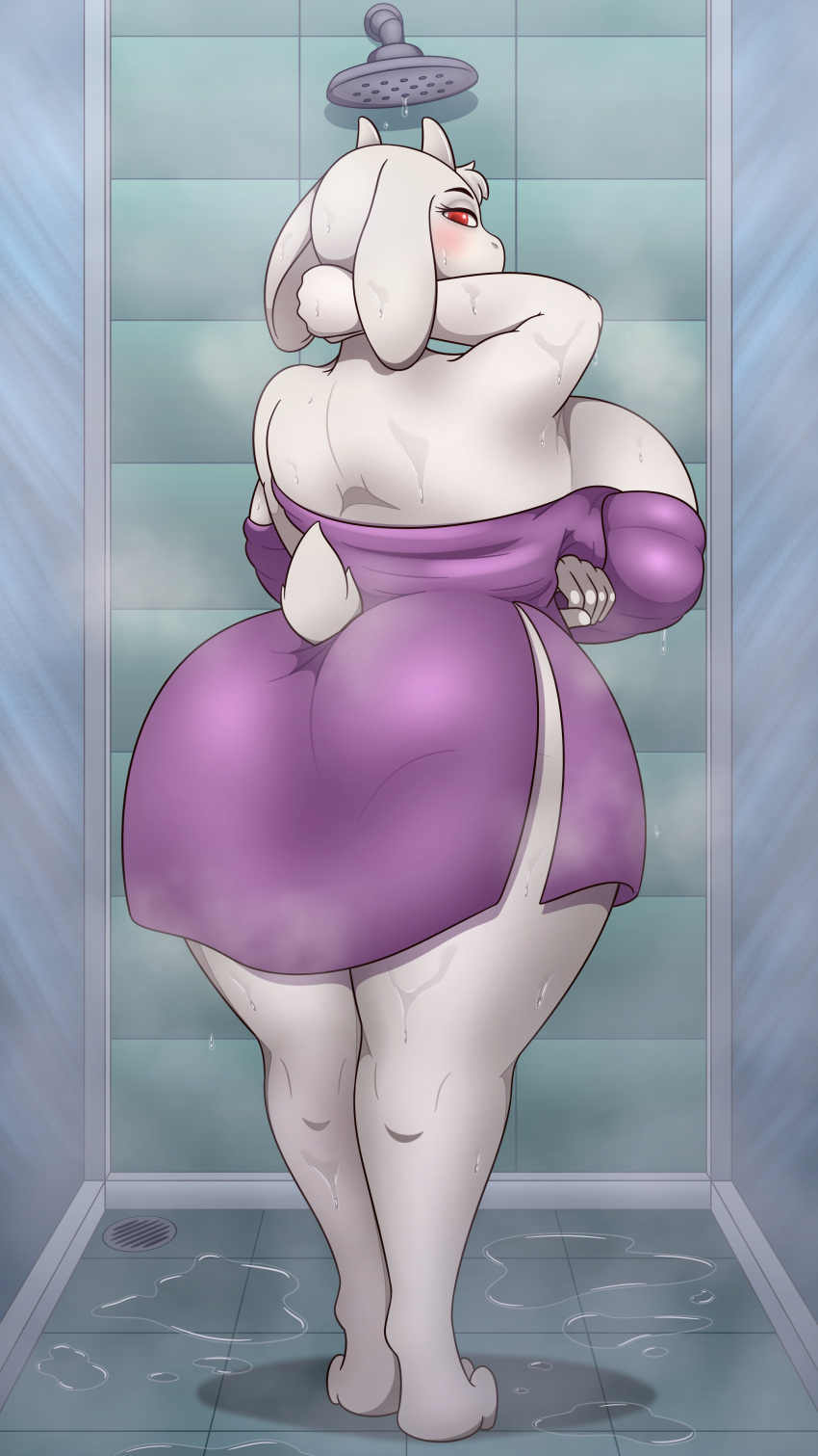 4k 5_fingers 9:16 absurd_res after_shower anthro back_boob barefoot bathroom big_breasts big_butt biped blue_background blush boss_monster bovid breast_squish breasts butt caprine cel_shading cleavage cleavage_overflow clothed clothing curvy_figure digital_media_(artwork) dripping eyelashes feet female fingers floor floppy_ears full-length_portrait fur glistening glistening_body glistening_breasts goat hair hand_behind_head hi_res holding_breast huge_breasts huge_butt huge_hips huge_thighs inside johnmarten looking_at_viewer looking_back looking_back_at_viewer mammal mature_female mostly_nude portrait pose raised_arm rear_view red_eyes restricted_palette shaded shadow short_tail shower side_boob simple_background solo squish standing thick_thighs toriel towel tuft undertale undertale_(series) video_games voluptuous wall_(structure) wet wet_body white_body white_fur wide_hips