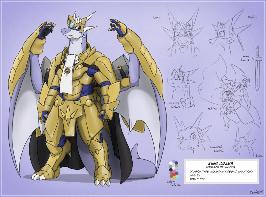 2016 anthro armor biped color_swatch colored crown dragon drake_(zerofox) english_text horn king male melee_weapon model_sheet prehensile_wings purple_body purple_scales purple_wings royalty scales scalie solo story story_in_description sword symbol text weapon western_dragon wings yellow_armor zerofox1000