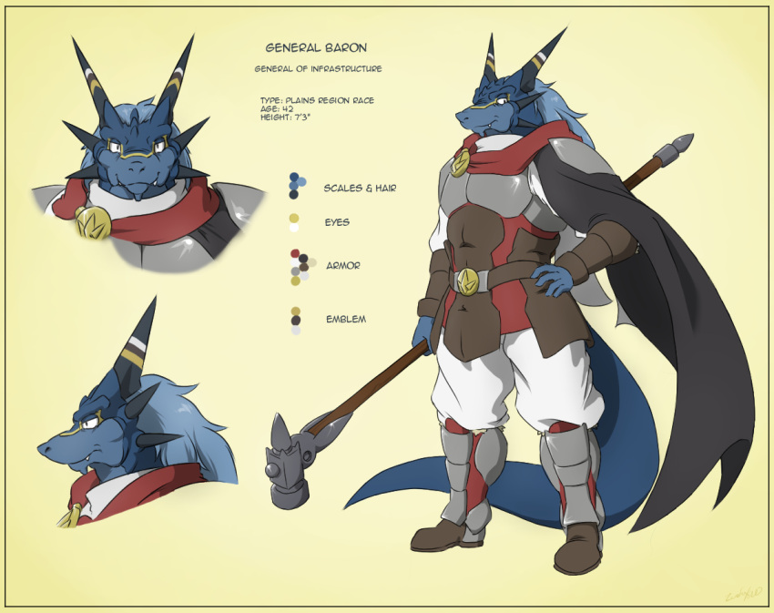 2014 anthro armor baron_(zerofox1000) biped blue_body blue_hair blue_scales cape clothing color_swatch colored dragon english_text hair holding_object horn male model_sheet scales scalie solo story story_in_description symbol text western_dragon zerofox1000