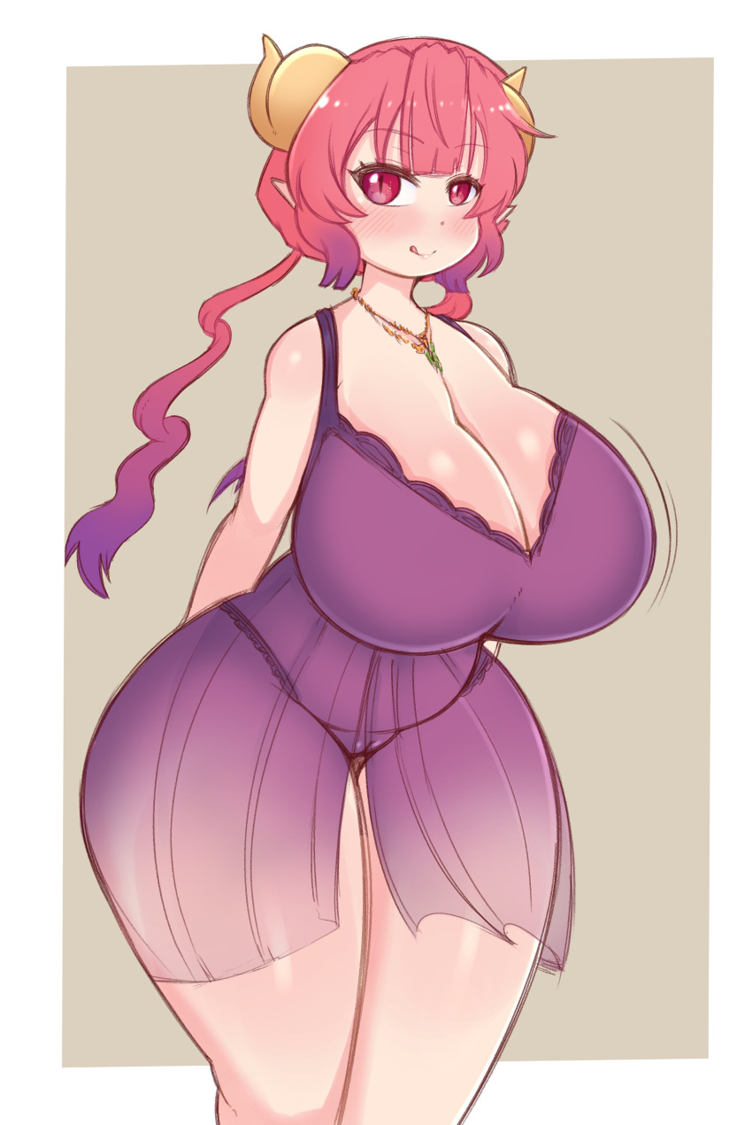 2022 absurd_res big_breasts breasts cleavage clothed clothing female genitals hair hi_res horn horned_humanoid huge_breasts humanoid ilulu miss_kobayashi's_dragon_maid pink_hair pussy saltyxodium