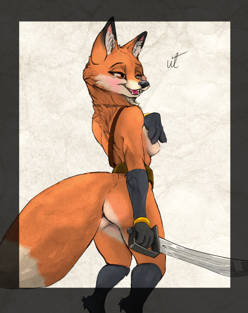 anthro armello belt blush breasts butt canid canine digital_media_(artwork) digitigrade female fox fur hi_res jewelry looking_at_viewer mammal melee_weapon necklace nude open_mouth orange_body orange_fur portrait red_fox scarlet_(armello) shaded signature simple_background smile solo standing sword tongue video_games weapon white_background wrenchthrower281