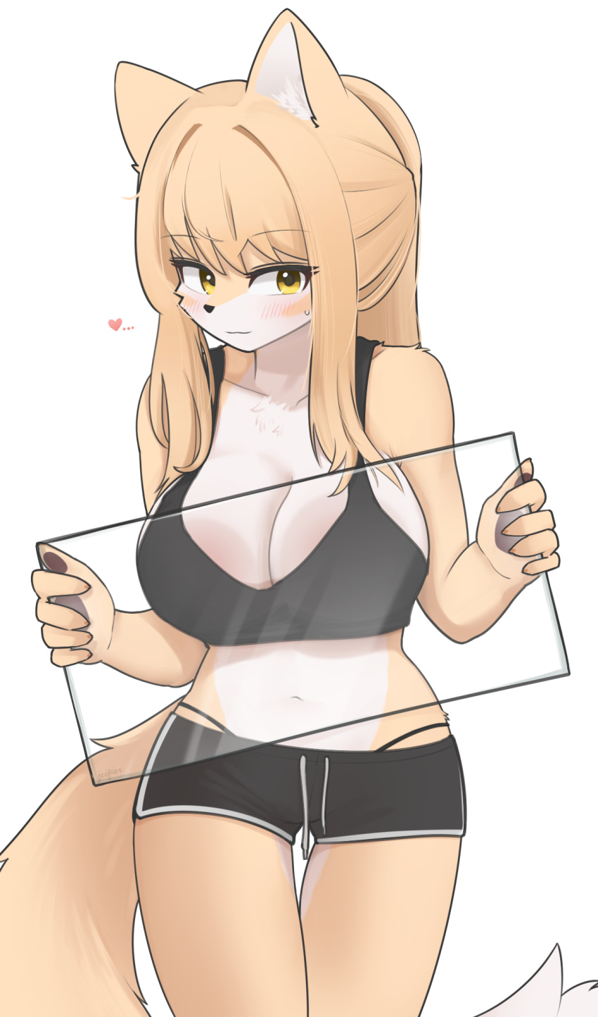 2022 against_surface anthro blush bottomwear bra breast_squish breasts canid canine cleavage clothed clothing digital_media_(artwork) female female_anthro fox fur glass hair hi_res holding_object kemono korfiorano looking_at_viewer mammal on_glass rebekah shorts solo sports_bra squish underwear