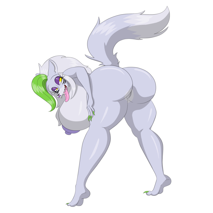 2022 anthro bent_over big_breasts big_butt breasts butt canid canine canis female five_nights_at_freddy's five_nights_at_freddy's:_security_breach genitals green_hair hair hi_res looking_back mammal marshall123x_(artist) nipples nude open_mouth pussy raised_tail roxanne_wolf_(fnaf) scottgames smile solo teeth tongue tongue_out video_games wolf yellow_eyes