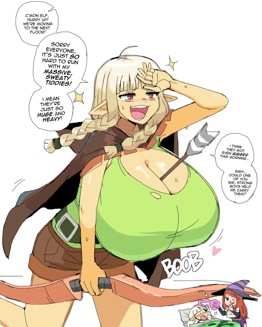 &lt;3 arrow_(weapon) bed big_breasts blonde_hair bodily_fluids bow_(weapon) braided_hair breast_expansion breasts clothing creeper_(minecraft) dialogue dragon's_crown dream duo elf elf_(dragon's_crown) expansion female furniture hair hat headgear headwear hi_res huge_breasts human humanoid humanoid_pointy_ears lewdlemage looking_at_viewer magic mammal microsoft minecraft mojang one_eye_closed ranged_weapon red_eyes red_hair simple_background sleeping smile sorceress_(dragon's_crown) sound_effects speech_bubble sweat text video_games weapon wink winking_at_viewer witch_hat xbox_game_studios