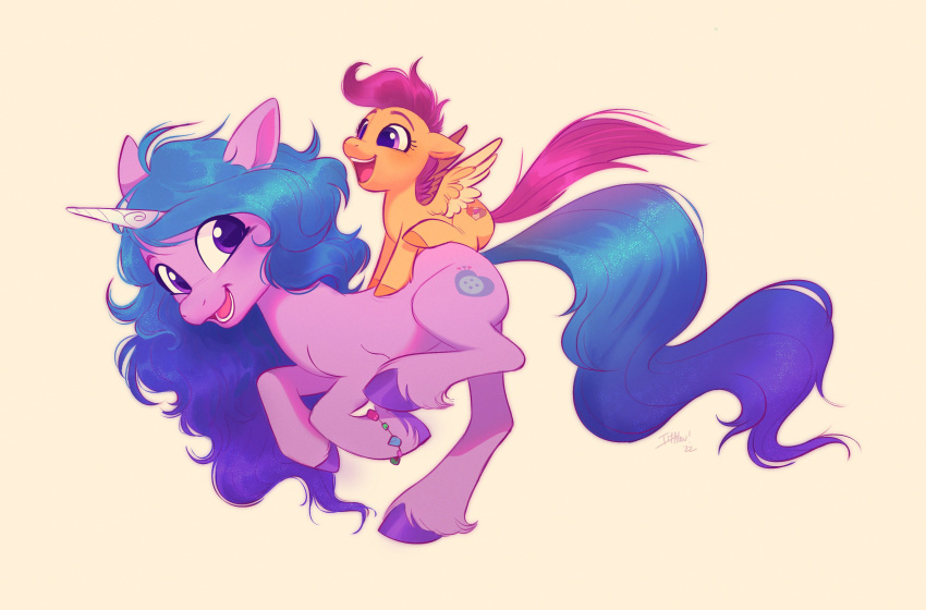 2022 absurd_res blue_hair blue_tail bracelet cutie_mark digital_media_(artwork) duo equid equine feathered_wings feathers female feral fetlocks friendship_is_magic fur hair happy hasbro hi_res hooves horn imalou izzy_moonbow_(mlp) jewelry larger_female leg_tuft mammal mlp_g5 my_little_pony open_mouth open_smile orange_body orange_feathers orange_hooves pegasus purple_body purple_eyes purple_fur purple_hair purple_hooves purple_tail riding scootaloo_(mlp) signature size_difference smaller_female smile tuft unicorn unicorn_horn wings