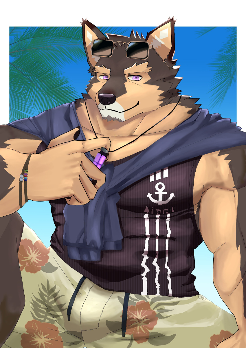 absurd_res anthro brown_body brown_fur clothing eyewear eyewear_on_head fur green_tea_kmn hi_res lifewonders live-a-hero male muscular muscular_anthro muscular_male pecs pubraseer purple_eyes shirt solo sunglasses sunglasses_on_head tank_top topwear video_games