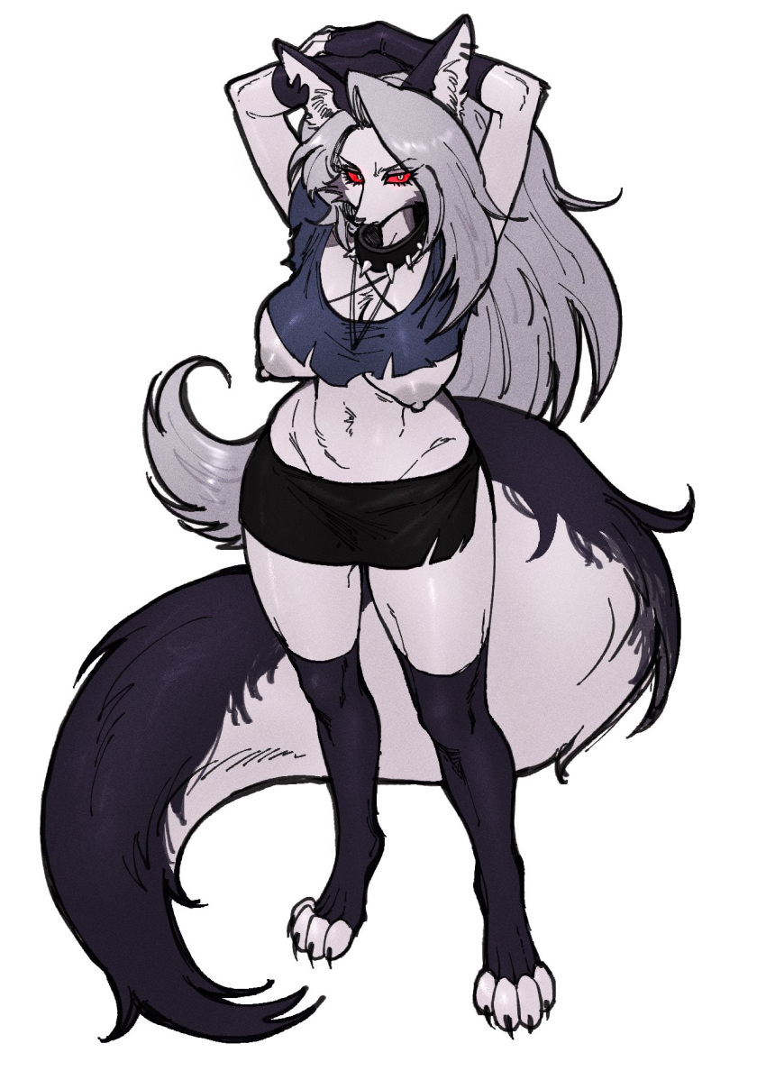 anthro big_breasts breasts canid canid_demon claws clothed clothing cursedanchovy demon female fluffy fluffy_tail fur grey_hair hair hellhound helluva_boss hi_res loona_(helluva_boss) mammal nipples partially_clothed simple_background solo thick_thighs white_body white_fur