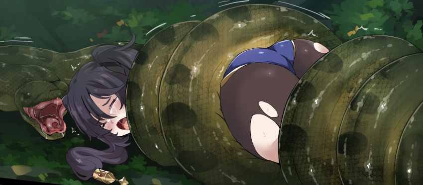 ambiguous_gender anaconda arniro big_butt black_hair boa_(snake) bodily_fluids boinae butt clothed clothing coiling crying digital_media_(artwork) duo female female_prey feral forest genshin_impact green_body green_scales hair hi_res human imminent_vore leaf legwear light_body light_skin mammal mihoyo mona_(genshin_impact) open_mouth plant reptile scales scalie shrub snake stockings tears torn_clothing torn_legwear torn_stockings tree twintails_(hairstyle) video_games