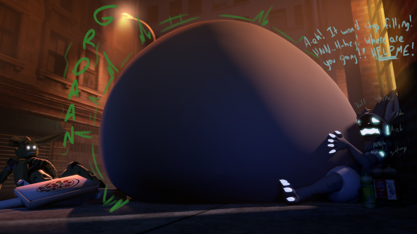 16:9 3d_(artwork) anthro begging belly belly_expansion bloated bottle claws digital_media_(artwork) duo english_text expansion five_nights_at_freddy's five_nights_at_freddy's_3 food glowing glowing_eyes hi_res inflation machine male misty_bun onomatopoeia open_mouth outside pizza protogen scottgames sound_effects springtrap_(fnaf) swelling text video_games visor whining widescreen