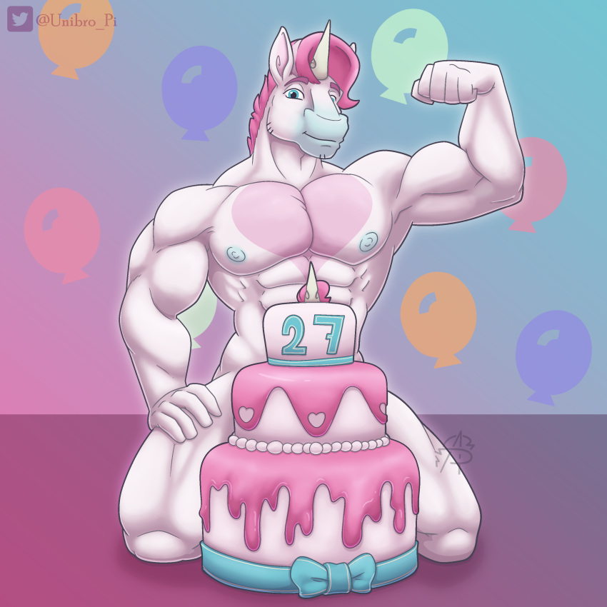 abs absurd_res anthro areola biceps big_muscles birthday birthday_cake blue_eyes blue_nipples cake censored dessert digital_media_(artwork) equid equine flexing food fur hair hi_res horn looking_at_viewer male mammal muscular muscular_anthro muscular_male nipples nude pecs pink_hair simple_background smile solo unibro_pi unibro_pi_(character) unicorn white_body white_fur