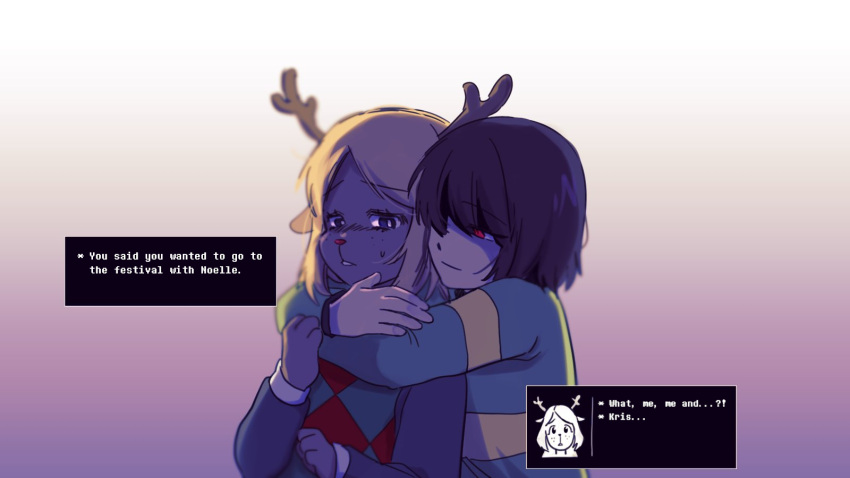 4_fingers 5_fingers anthro antlers arms_around_neck blonde_hair blue_eyes blush blush_lines bodily_fluids brown_hair capreoline cervid checkered_clothing checkered_sweater checkered_topwear clothing consent_themes deltarune dialogue dialogue_box doe_with_antlers dominant dominant_human dominant_male duo embrace english_text eyebrow_through_hair eyebrows female fingers fist freckles gradient_background hair hair_over_eyes hi_res hidden_eyes horn hug hugging_from_behind human human_dominating_anthro interspecies interspecies_domination intimate kris_(deltarune) looking_at_another male male/female male_dominating_female mammal manipulation name_drop narrowed_eyes nervous noelle_holiday obscured_eyes pattern_clothing pattern_shirt pattern_sweater pattern_topwear possessive questionable_consent questioning_tone red_eyes red_nose reindeer shadowed_eyes shirt simple_background snowgrave striped_clothing striped_shirt striped_topwear stripes submissive submissive_anthro submissive_female surprised_expression sweat sweater teenager text topwear translucent translucent_hair undertale_(series) unknown_artist unsure video_games young