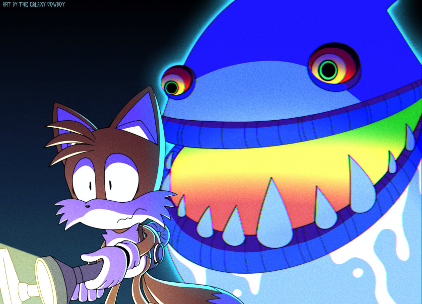 2022 anthro being_watched bodily_fluids canid canine clothing crossover duo flashlight fox galaxy_cowboy ghost gloves handwear hi_res king_boom_boo looking_at_another luigi's_mansion male mammal miles_prower open_mouth parody poltergust_3000 saliva sega signature simple_background sonic_the_hedgehog_(series) spirit teeth vacuum wide_eyed