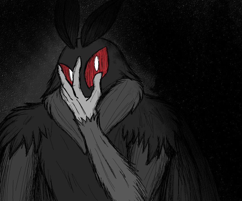 ambiguous_gender anthro arthropod black_body crezz_crow grey_body hand_on_face insect lepidopteran looking_at_viewer moth mothman pupils red_eyes simple_background slit_pupils solo