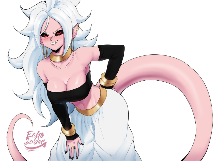 2020 absurd_res alien alien_humanoid armwear bare_shoulders breasts cleavage clothed clothing dragon_ball dragon_ball_fighterz ear_piercing echo_saber female hair hi_res humanoid humanoid_pointy_ears long_hair looking_at_viewer majin majin_android_21 not_furry piercing pink_body pink_skin red_eyes signature simple_background smile solo white_background white_hair