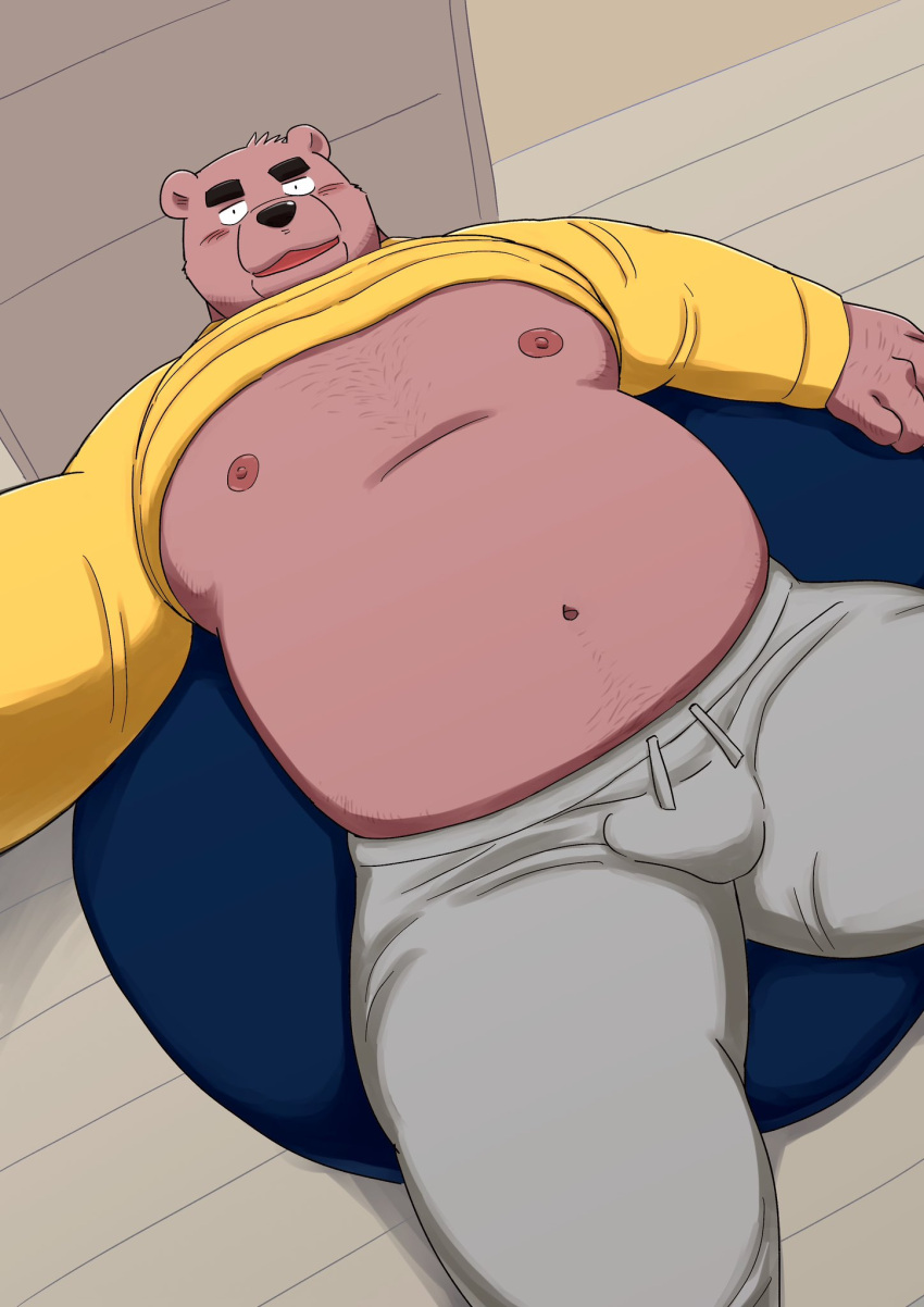 2022 anthro belly big_belly blush bottomwear bulge clothed clothing detailed_bulge hi_res humanoid_hands kemono kick_(artist) lying male mammal moobs navel nipples overweight overweight_male pants raised_clothing raised_shirt raised_topwear shirt solo topwear ursid