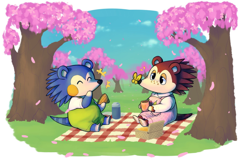 2022 animal_crossing anthro arthropod basket beverage blue_body brown_body butterfly cherry_blossom cherry_blossom_tree cherry_tree clothing container duo eulipotyphlan eyes_closed female food fruit_tree green_overalls hedgehog hi_res holding_food holding_object insect lepidopteran lidded_eyes mabel_able mammal nintendo outside overalls picnic picnic_basket picnic_blanket pink_overalls plant sable_able sandwich_(food) shirt smash-chu topwear tree video_games white_clothing white_shirt white_topwear