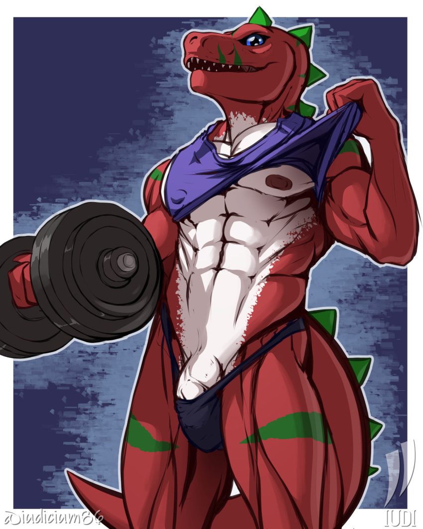 abs anthro bandai_namco bulge clothed clothing clothing_lift digimon digimon_(species) dinosaur dumbbell exercise hi_res iudicium86 male muscular nipples reptile scalie shirt shirt_lift solo thong topwear tyrannomon underwear veiny_dick weightlifting weights workout