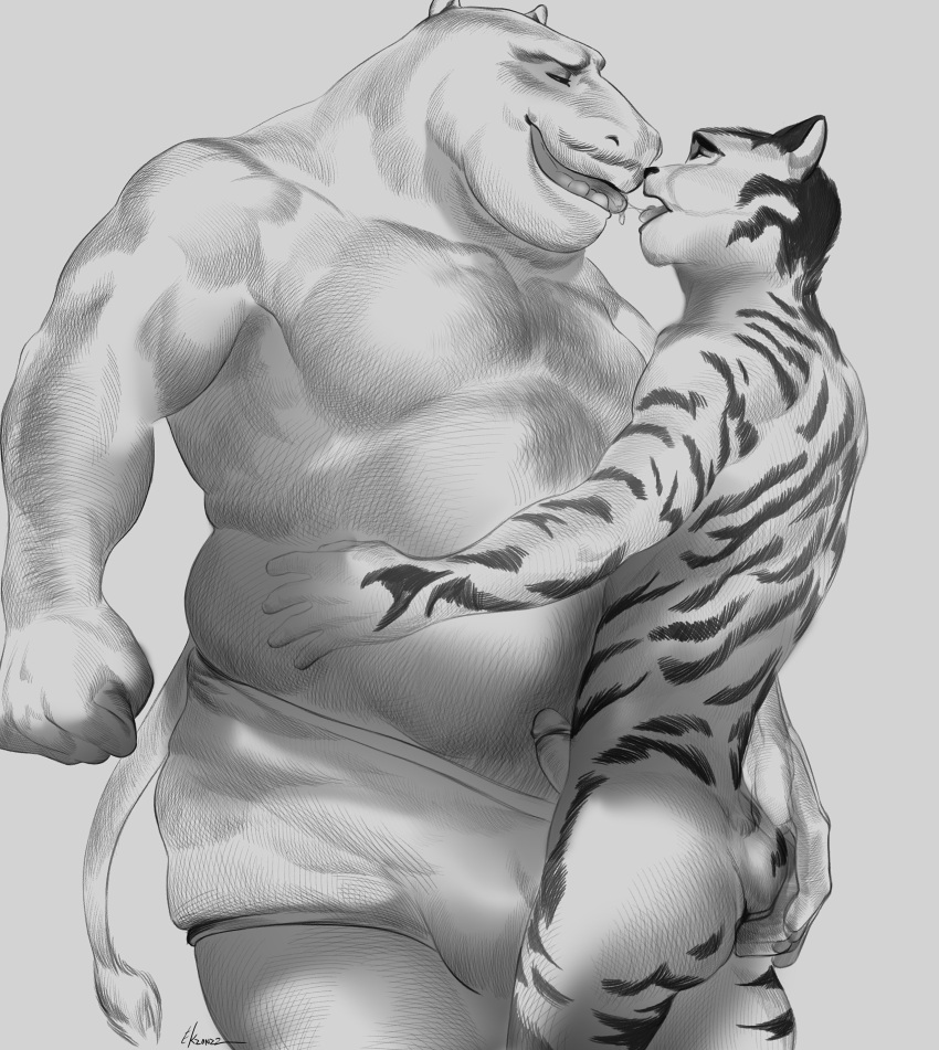 2022 absurd_res anthro belly biceps big_belly bodily_fluids body_hair briefs briefs_only bulge butt chest_hair clothing common_hippopotamus duo ekzonzz embrace erection eyes_closed facial_hair felid genitals greyscale hi_res hippopotamid holding_butt intimate kissing male male/male mammal monochrome mr._king musclegut muscular mustache nude pantherine pecs penis rimba_racer saliva saliva_string simple_background standing striped_body stripes tag_(rimba_racer) tiger tongue tongue_out triceps underwear white_background