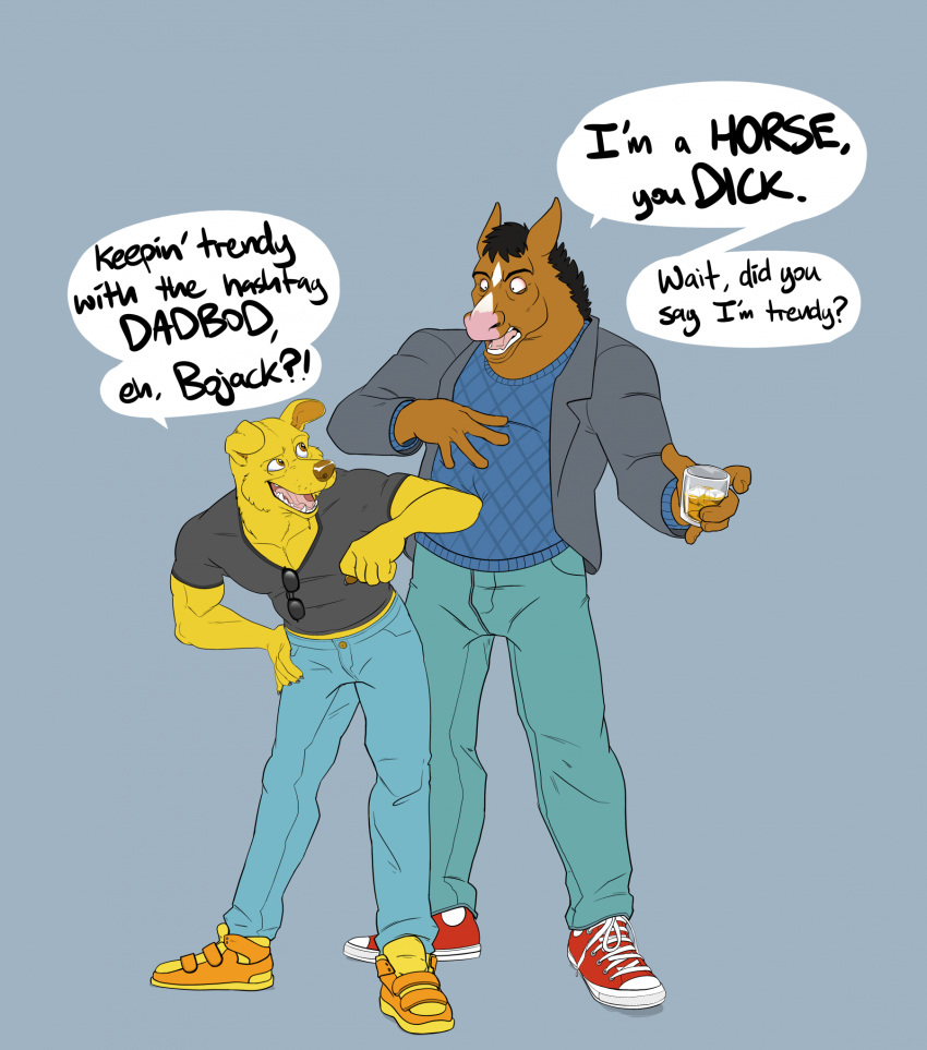 2022 anthro bojack_horseman bojack_horseman_(character) bottomwear canid canine canis chubby_anthro chubby_male clothed clothing dialogue domestic_dog duo equid equine eye_contact eyewear fangs footwear hi_res holding_glass holding_object horse ice_cube jacket leaning leaning_forward looking_at_another male mammal mr._peanutbutter netflix open_mouth pants shirt shoes slightly_chubby snowmutt speech_bubble standing sunglasses sunglasses_on_shirt talking_to_another teeth text tongue topwear wide_eyed