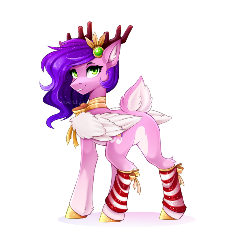 2022 absurd_res accessory alternate_species antlers buvanybu capreoline cervid clothing cutie_mark digital_media_(artwork) eyelashes feathered_wings feathers female feral folded_wings fur hair hair_accessory hasbro hi_res hooves horn inner_ear_fluff legwear looking_at_viewer looking_back looking_back_at_viewer mammal mlp_g5 my_little_pony pink_body pink_fur pipp_petals_(mlp) purple_hair quadruped red_antlers reindeer scut_tail short_tail simple_background smile tuft white_background white_body white_feathers white_fur wings yellow_hooves