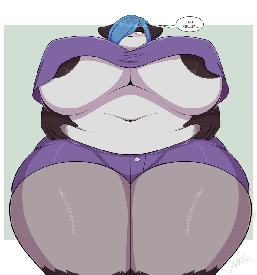 2022 annoyed anthro areola areola_slip big_breasts blue_hair blush bottomwear breasts clothing dialogue embarrassed female freckles fur grey_body grey_fur hair hi_res hotpants huge_breasts huge_thighs jwinkz legwear low-angle_view mammal nipple_outline overweight overweight_anthro overweight_female pouting procyonid raccoon shirt shorts solo speech_bubble thick_thighs thigh_highs topwear under_boob voluptuous_female white_body white_fur wide_hips