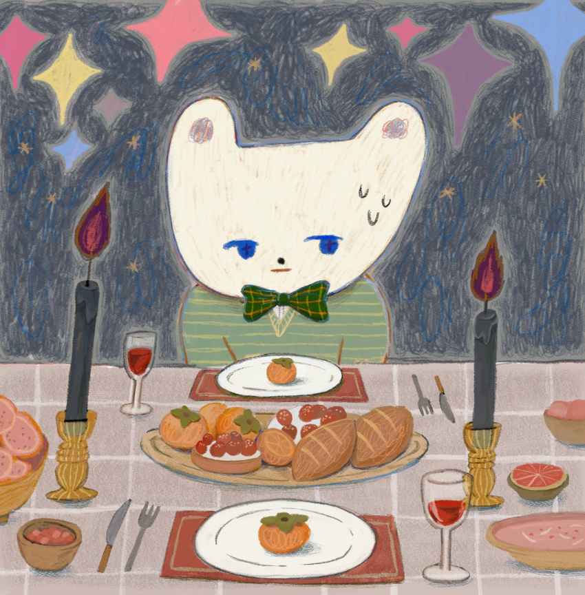 alcohol ambiguous_gender anthro beverage bread candle clothing cutlery dinner food fork fruit green_clothing green_ribbon green_shirt green_topwear hi_res kemono kitchen_utensils knife mammal orange_fruit original_characters plant ribbons rynoook shirt sketch solo star strawberry tools topwear ursid wine