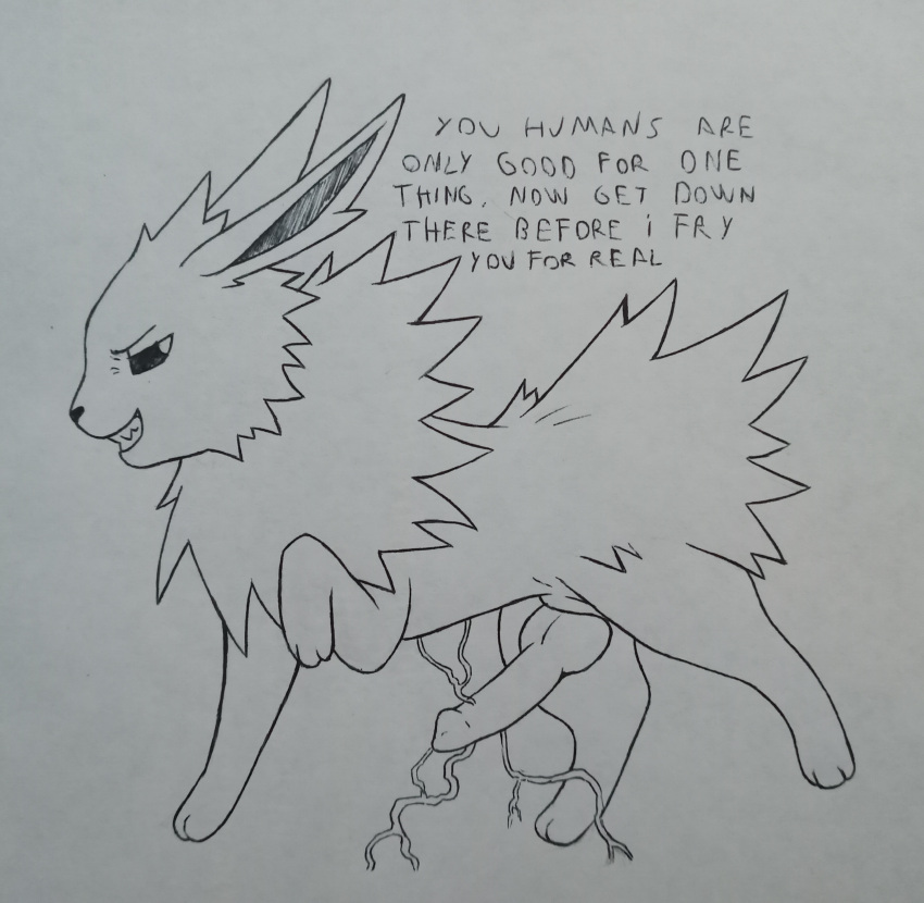 3_toes absurd_res animal_genitalia animal_penis anthro canid canine_penis chest_tuft dialogue digitigrade dominant dominant_feral dominant_male eeveelution electricity energy english_text erection feet feral fur generation_1_pokemon genitals glans grin hi_res jolteon knot looking_at_viewer male mammal mane monochrome nintendo penis perrox pokemon pokemon_(species) power presenting presenting_penis quadruped raised_leg semi-anthro sketch smile solo standing talking_feral talking_to_viewer text toes traditional_media_(artwork) tuft video_games weaponized_penis