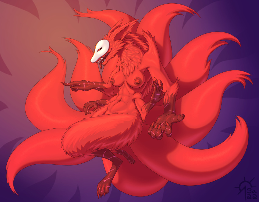 9_tails abs absurd_res anthro breasts canid canine claws daji fangs female feral fox fur hi_res jiang_ziya mammal mask multi_arm multi_limb multi_tail muscular nipples nude red_body red_fur sacrificabominat solo tongue tongue_out