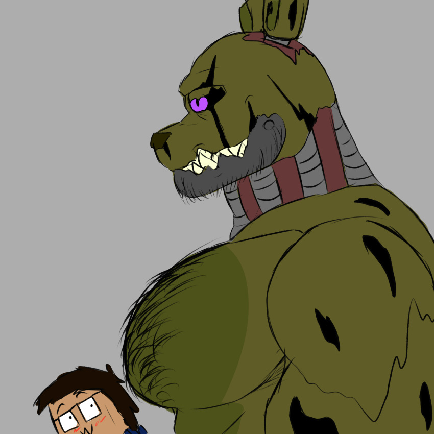 animatronic anthro beard body_hair bodyhair chest_hair duo facial_hair five_nights_at_freddy's five_nights_at_freddy's_3 hairy hi_res human lagomorph leporid machine male male/male mammal nastybluepal rabbit robot scottgames size_difference springtrap_(fnaf) springtrap_sanctuary video_games