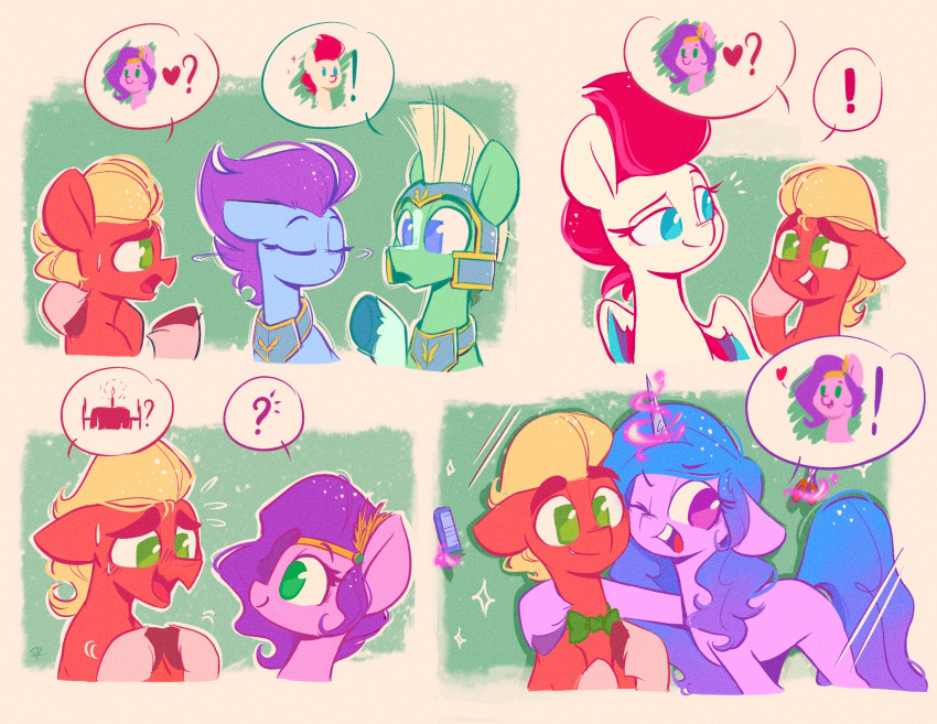 &lt;3 armor blonde_hair bow_tie comb comic earth_pony equid equine exclamation_point female feral galea hair hasbro headgear helmet hi_res horn horse izzy_moonbow_(mlp) male mammal mlp_g5 my_little_pony pipp_petals_(mlp) pony question_mark scribble-potato sprout_cloverleaf_(mlp) thunder_(mlp) unicorn zipp_storm_(mlp) zoom_zephyrwing_(mlp)