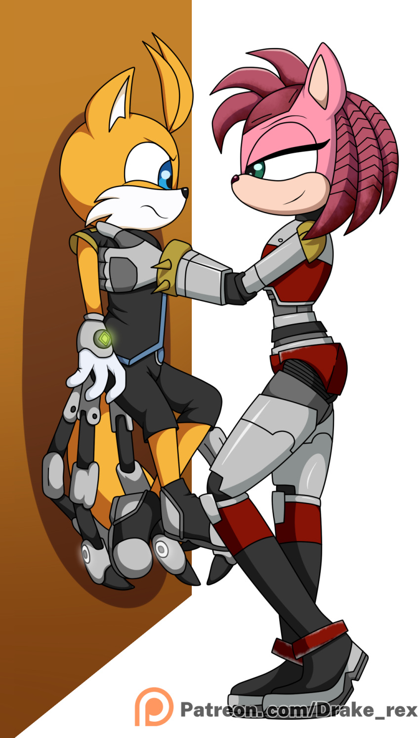 amy_rose bottomwear bracelet canid canine clothing cybernetics cyborg drake-rex duo eulipotyphlan female fox fur hedgehog hi_res jewelry machine male mammal miles_prower pink_body pink_fur rusty_rose sega shorts size_difference sonic_prime sonic_the_hedgehog_(series) spiked_bracelet spikes tails_nine yellow_body yellow_fur