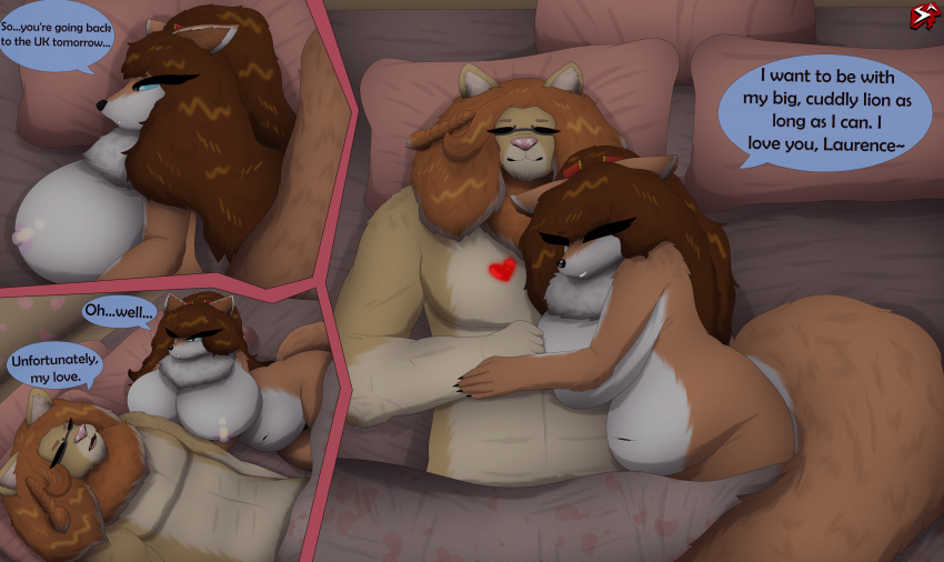 &lt;3 absurd_res accessory anthro bed bedroom belly big_breasts blue_eyes bodily_fluids braided_hair braided_ponytail breasts brown_hair canid canine canis claws countershade_arms countershade_face countershade_legs countershading cuddling dialogue domestic_dog duo embrace english_text eyes_closed eyewear felid female fluffy fluffy_tail freckles fur furniture glasses hair hair_accessory hairpin hi_res hug huge_breasts husky inner_ear_fluff laurence_halkavich lion lying male male/female mammal maya_ichiso model muscular muscular_male navel neck_tuft nipples nordic_sled_dog nude orange_body orange_fur orange_hair pantherine pink_nipples ponytail red_husky romantic romantic_couple simple_background slightly_chubby smile spitz stylish_apollo text thick_thighs tuft white_body white_fur wide_hips yellow_body yellow_fur