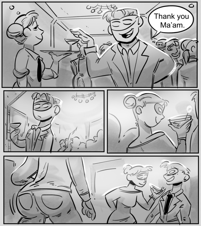 alcohol beverage clothed clothing comic dialogue english_text female hi_res human inside male mammal mask masquerade masquerade_mask monochrome not_furry smile speech_bubble text zoba_(artist)