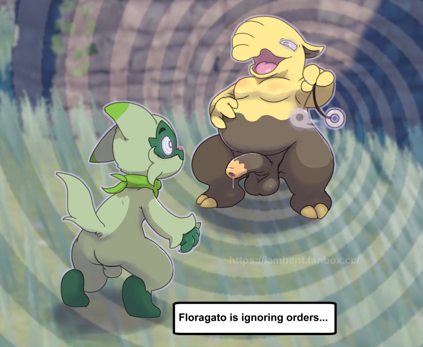 abstract_background anthro backsack balls bodily_fluids brown_body cheek_tuft drowzee duo english_text facial_markings facial_tuft floragato foreskin fur generation_1_pokemon generation_9_pokemon genital_fluids genitals gloves_(marking) glowing glowing_eyes grass green_body green_fur half-erect head_markings hi_res hypnosis lambent male male/male markings mask_(marking) mind_control nintendo open_mouth outside overweight overweight_male pendulum penis plant pokemon pokemon_(species) precum ruins scarf slightly_chubby spiral_background spiral_eyes text tuft video_games yellow_body