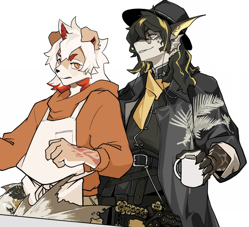 2022 absurd_res anthro arknights arm_tattoo black_hair blonde_hair blush blush_lines canid canine canis carp clothing coat container cup cyprinid cypriniform domestic_dog dragon duo eyewear fish glasses hair hi_res holding_cup holding_object horn hung_(arknights) hypergryph lee_(arknights) male male/male mammal marine red_hair simple_background studio_montagne ta08 tattoo topwear video_games white_hair yellow_eyes