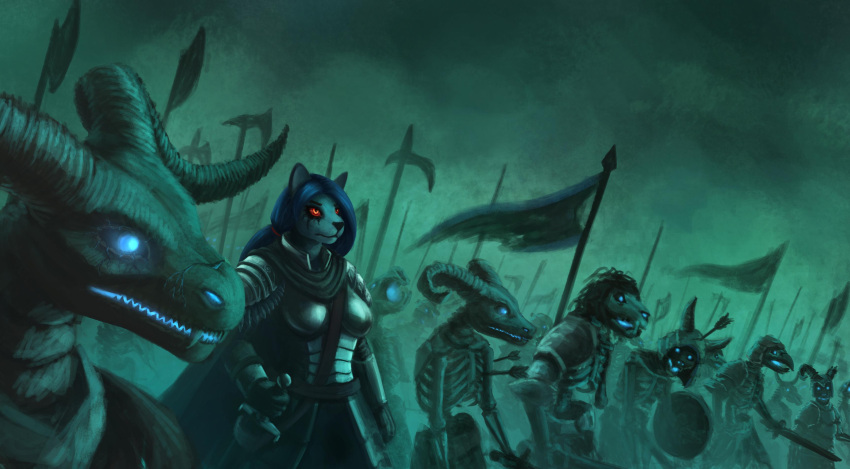 absurd_res anthro armor army blue_eyes blue_hair cloak clothing domestic_cat felid feline felis female glowing glowing_eyes hair hi_res knight_armor komahu mammal melee_weapon outside red_eyes solo sword undead weapon