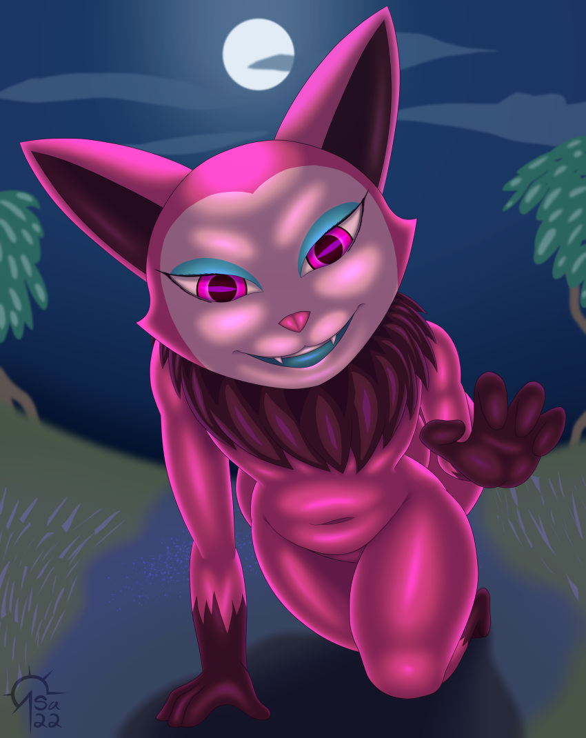 absurd_res anthro blue_eyeshadow canid canine eyeshadow female fox fur grass hi_res kneeling makeup mammal mane moon navel night open_mouth open_smile pink_body pink_eyes pink_fur plant sacrificabominat smile solo telemonster tree yossi