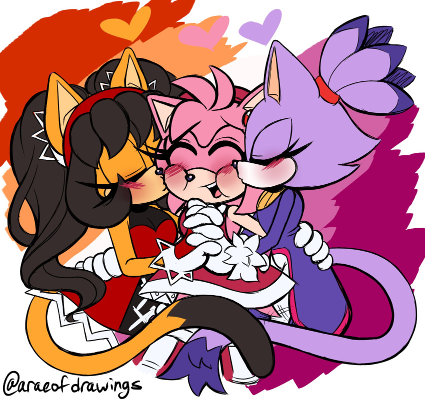 &lt;3 accessory amy_rose anthro araeofdrawings blaze_the_cat blush clothing coat domestic_cat dress eulipotyphlan eyes_closed felid feline felis female female/female gloves group hair hair_accessory hairband hand_holding handwear hedgehog hi_res honey_the_cat kissing kissing_cheek lesbian_pride_colors lgbt_pride mammal ponytail pride_colors sega sonic_the_fighters sonic_the_hedgehog_(series) topwear trio