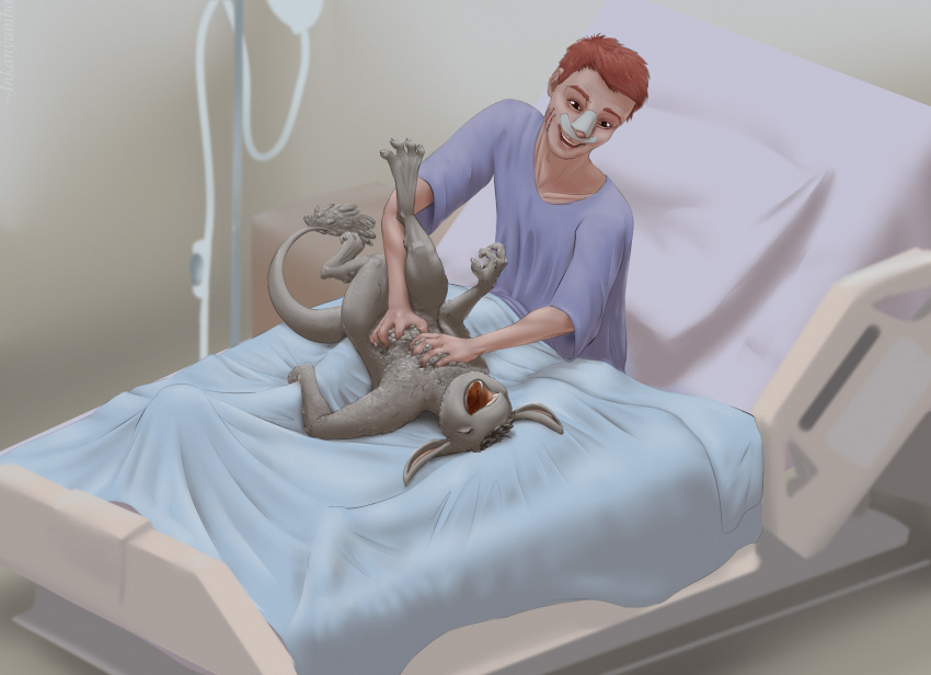 alien ambiguous_gender anthro bandage_on_face bandage_on_nose bed duo fur furniture grey_body grey_fur hair hi_res hospital hospital_bed hospital_gown hospital_room human inkanyamba_(artist) laugh male mammal nature_of_predators open_mouth red_hair scar smile stitch_(surgical) tickling tickling_belly venlil
