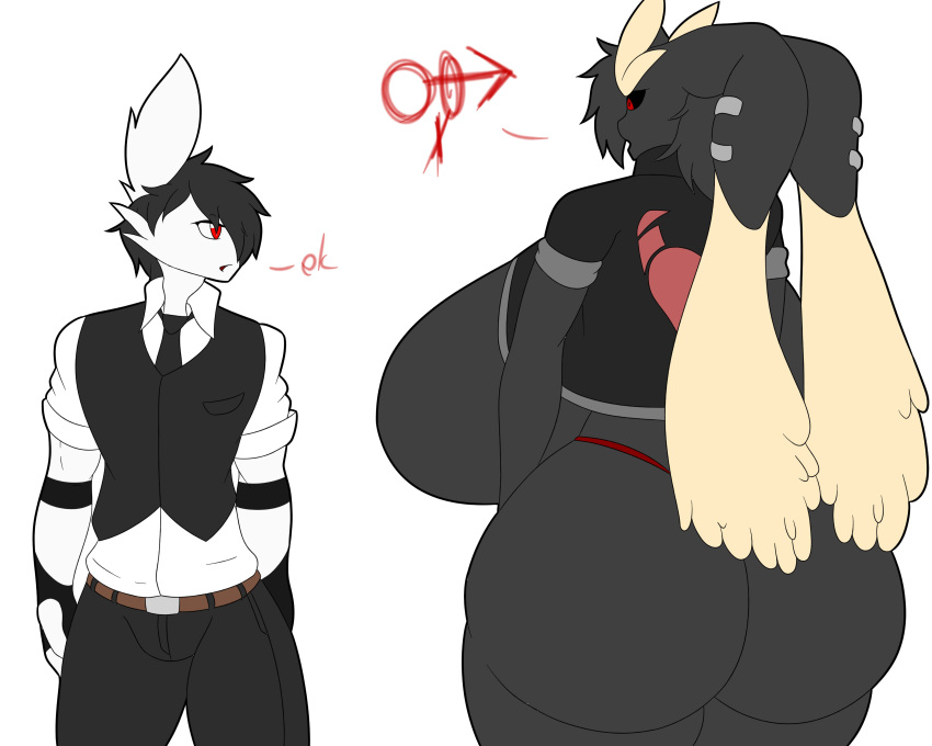 2019 absurd_res anthro big_breasts big_butt black_body black_hair black_sclera bottomwear breasts butt clothing duo female fur generation_4_pokemon hair hi_res huge_breasts huge_butt hyper hyper_breasts lagomorph leporid lopunny male mammal nintendo pants pokemon pokemon_(species) rabbit red_eyes rubi_(stemingbunbun) stemingbunbun topwear video_games white_body white_fur