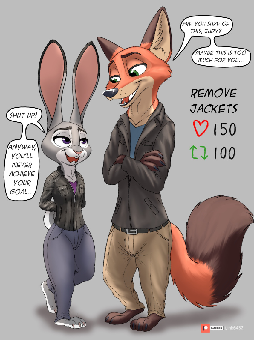 absurd_res anthro canid canine clothed clothing dialogue dipstick_ears dipstick_tail disney duo english_text female fox fur green_eyes grey_body grey_fur hi_res judy_hopps lagomorph leporid link6432 male mammal markings multicolored_ears nick_wilde orange_body orange_fur purple_eyes rabbit simple_background tail_markings text zootopia