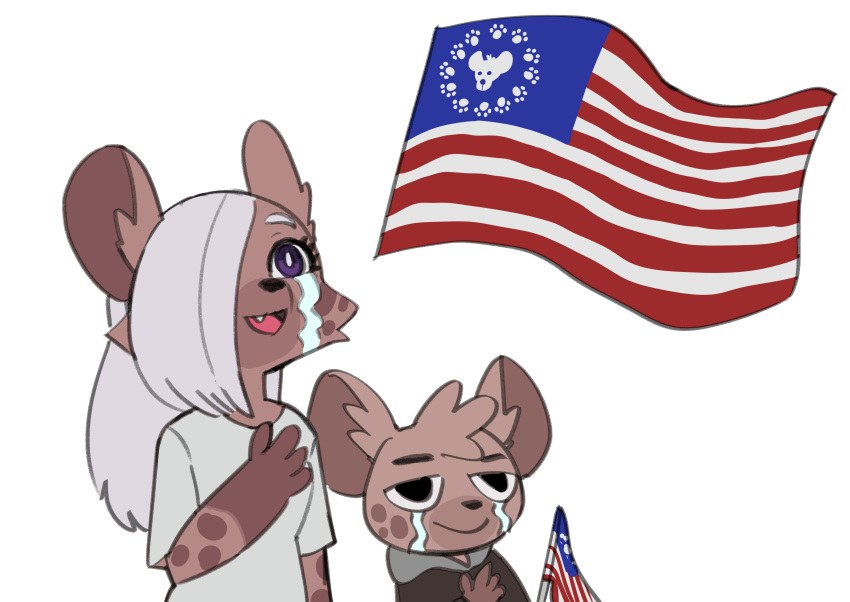 absurd_res anthro black_nose bodily_fluids brown_body brown_fur brown_hair cheek_tuft clothed clothing digital_media_(artwork) duo eyelashes facial_tuft female flag flag_(object) fur gesture hair hair_over_eye hand_on_chest hi_res holding_flag holding_object hyaenid jk_(kemokin_mania) kemokin_mania larger_female male mammal one_eye_obstructed open_mouth purple_eyes salute shirt simple_background size_difference smaller_male smile snaggle_tooth spots spotted_hyena tears tongue topwear tuft white_clothing white_hair white_shirt white_topwear