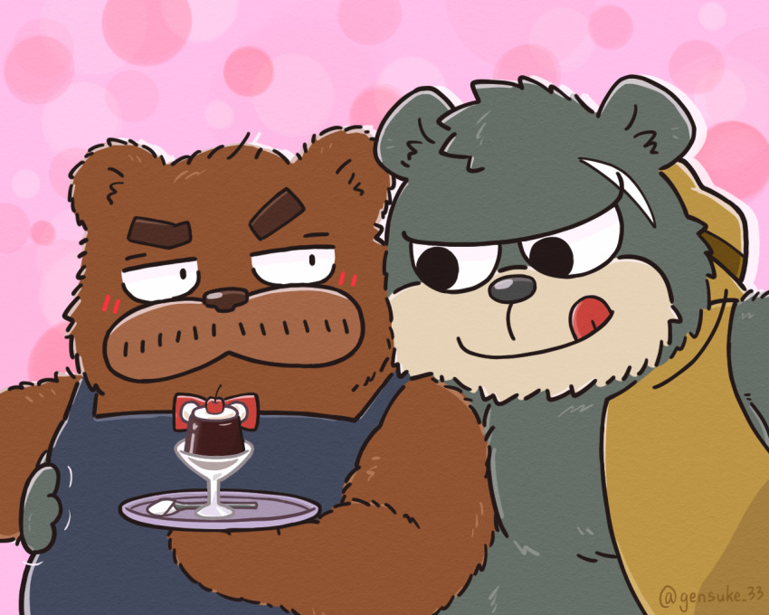 2022 anthro apron blush bow_tie brew_(kumalino) brown_body clothing duo gensuke hat headgear headwear kemono kumalino male male/male mammal roast_(kumalino) sanrio scar slightly_chubby tongue tongue_out ursid